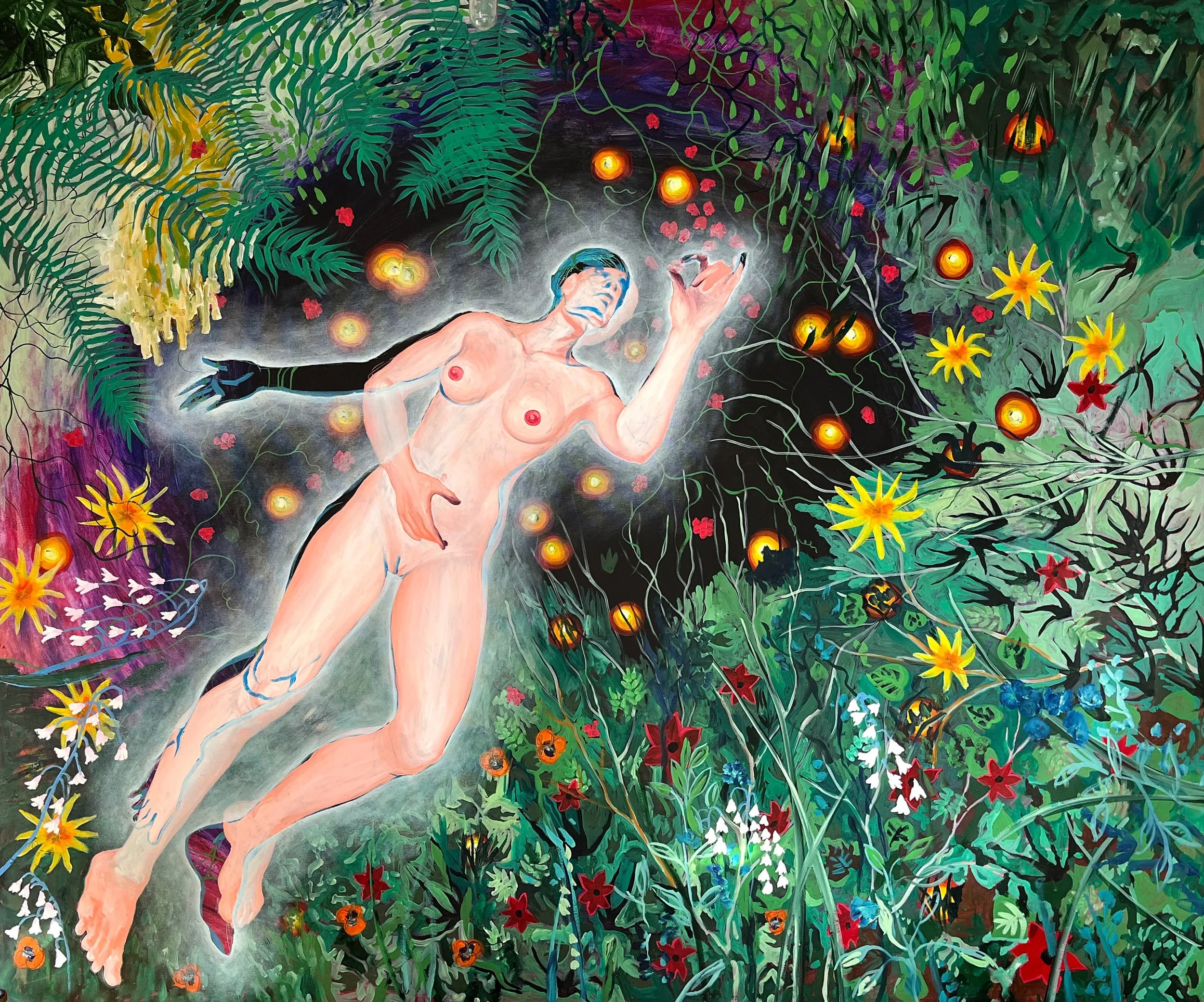 A colorful painting of a nude woman with short hair, floating in a lush, vibrant jungle with various flowers, plants, and glowing orbs around her.