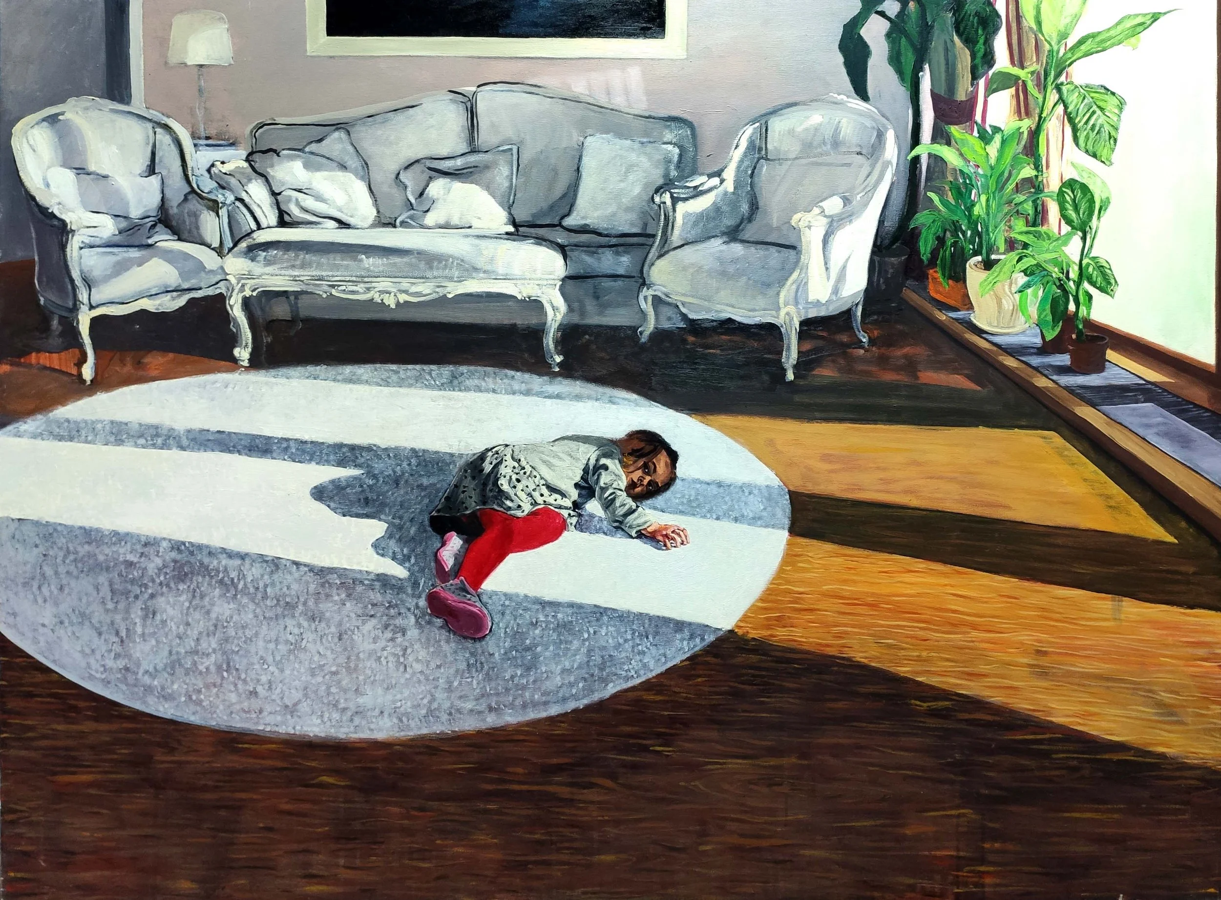 A painting of a living room with a vintage white couch and matching armchair, a small side table with a lamp, and a row of houseplants near a window. A girl with long hair, wearing a gray top, red tights, and pink shoes, is curled up on her side on a round gray and white rug.