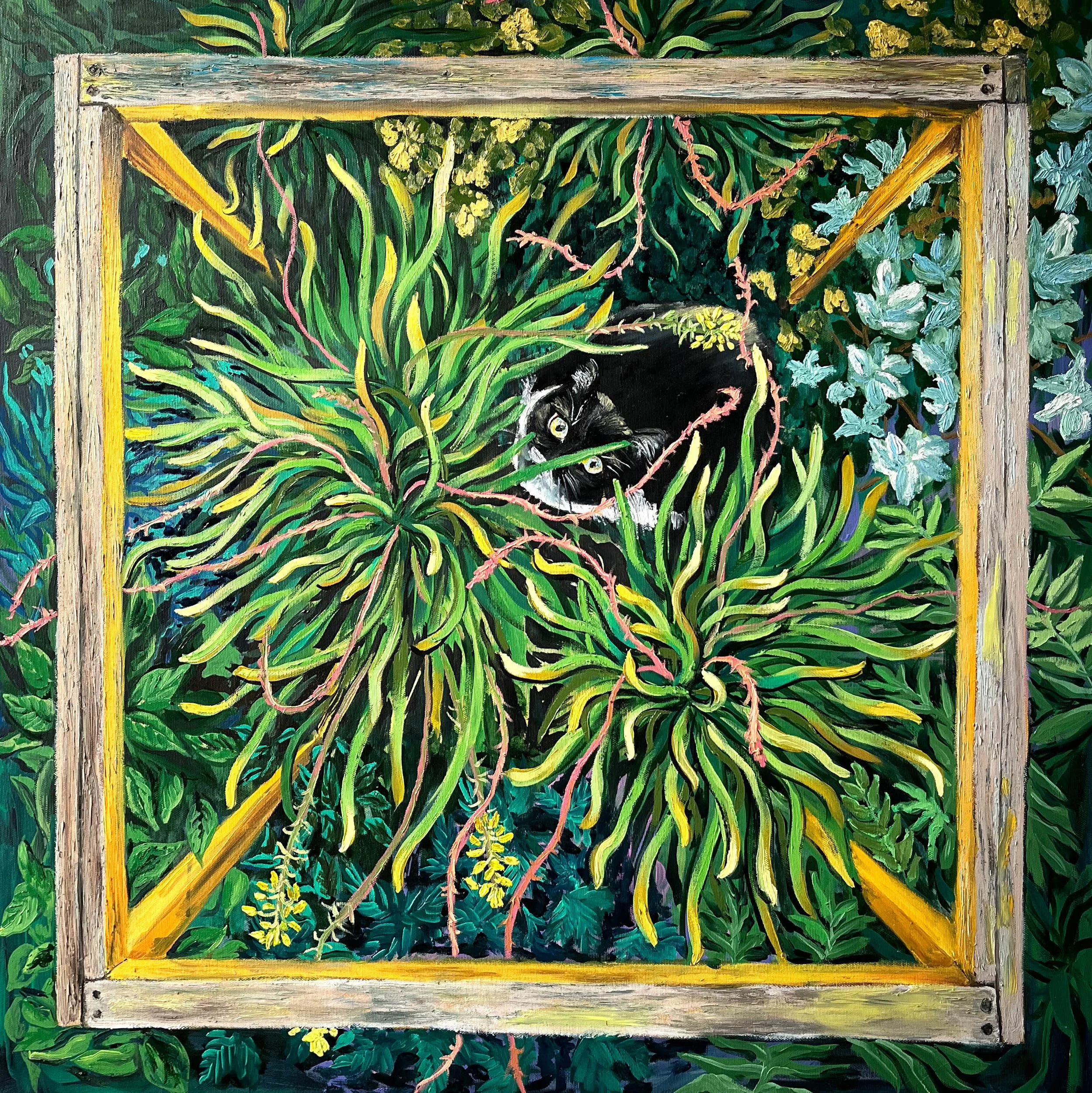 A painting featuring a black and white cat peering through lush green foliage, viewed from above, with a wooden frame surrounding the scene.