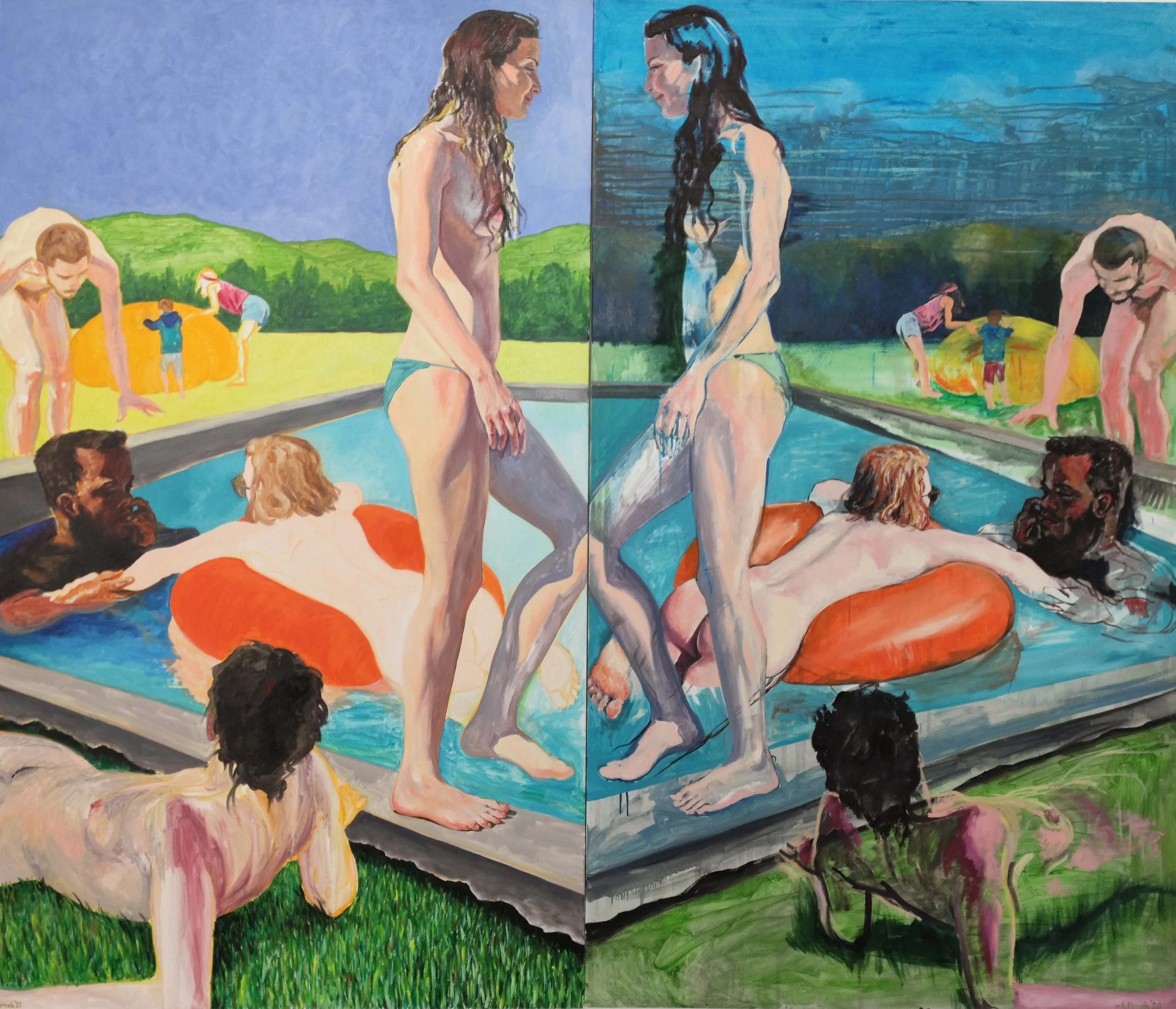 A vibrant, colorful painting divided into two halves, depicting women and men enjoying leisure activities around a swimming pool and a grassy outdoor area, with hills and trees in the background.