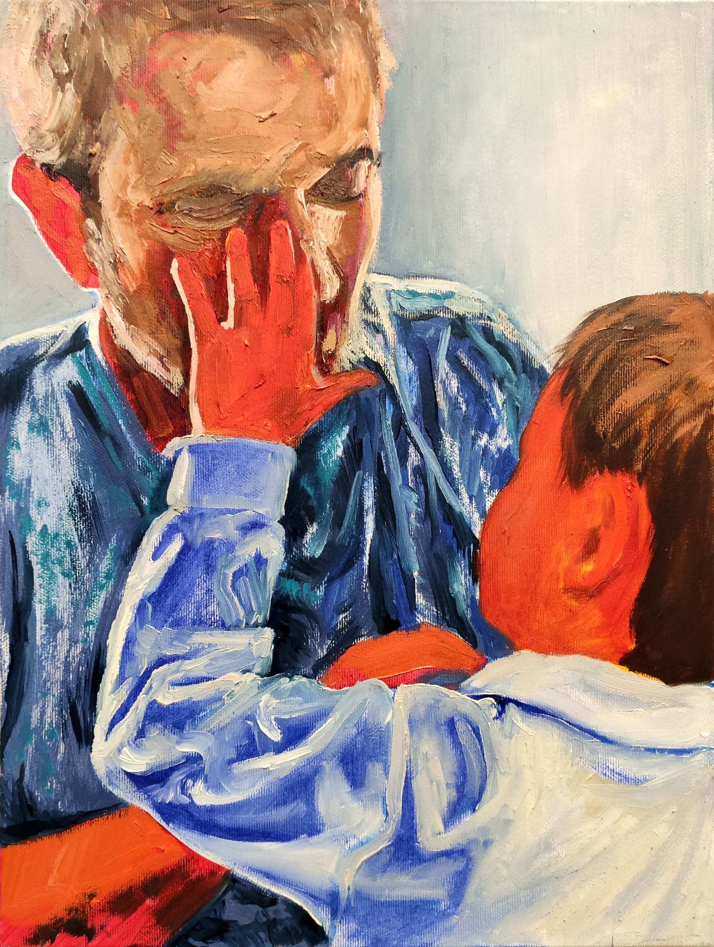 A painting of two people, one with their face hidden and the other with a pained expression, using bold brushstrokes and vibrant colors.