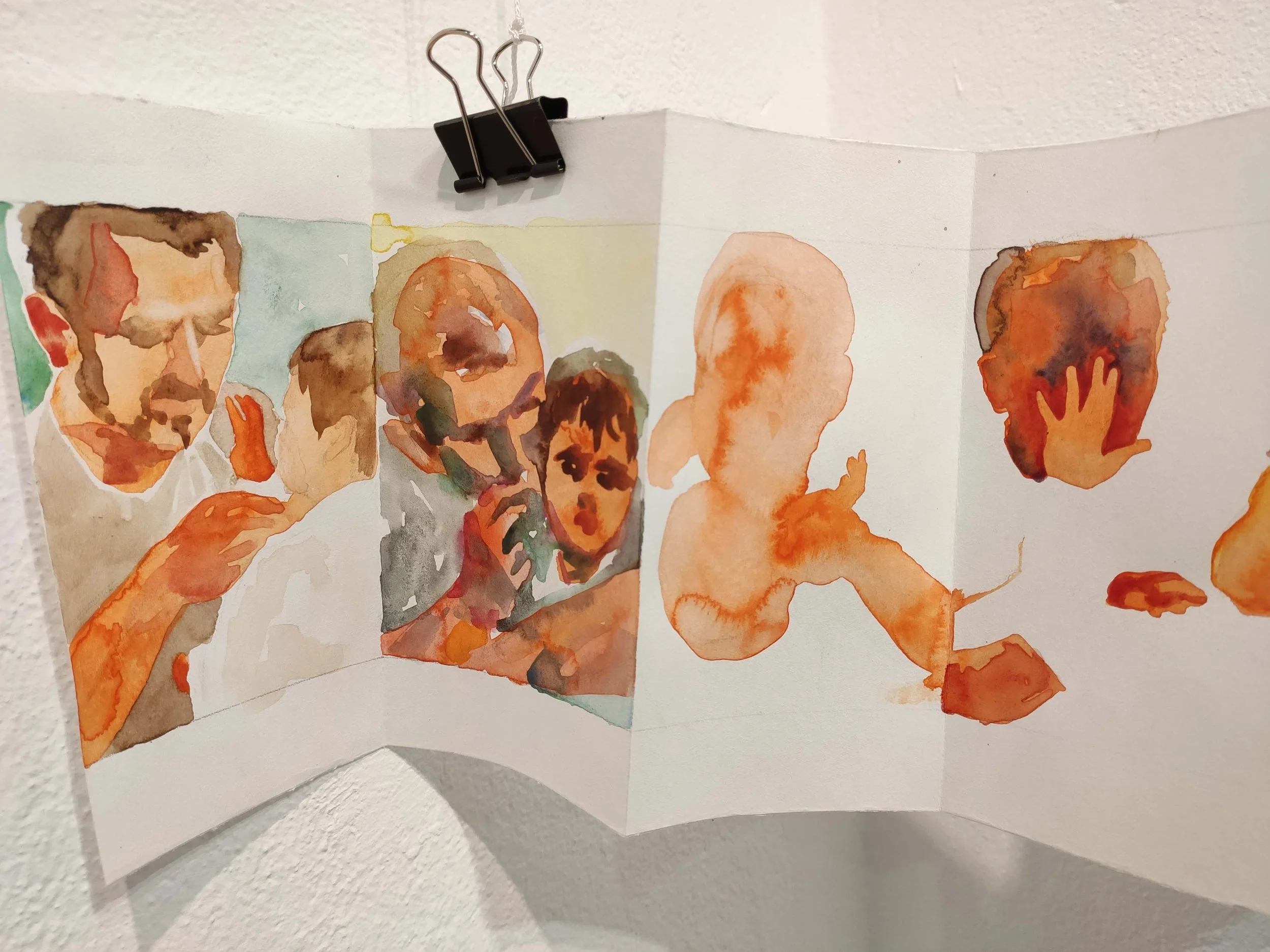 Watercolor painting of four people, some on phones, with abstract and partially recognizable features.