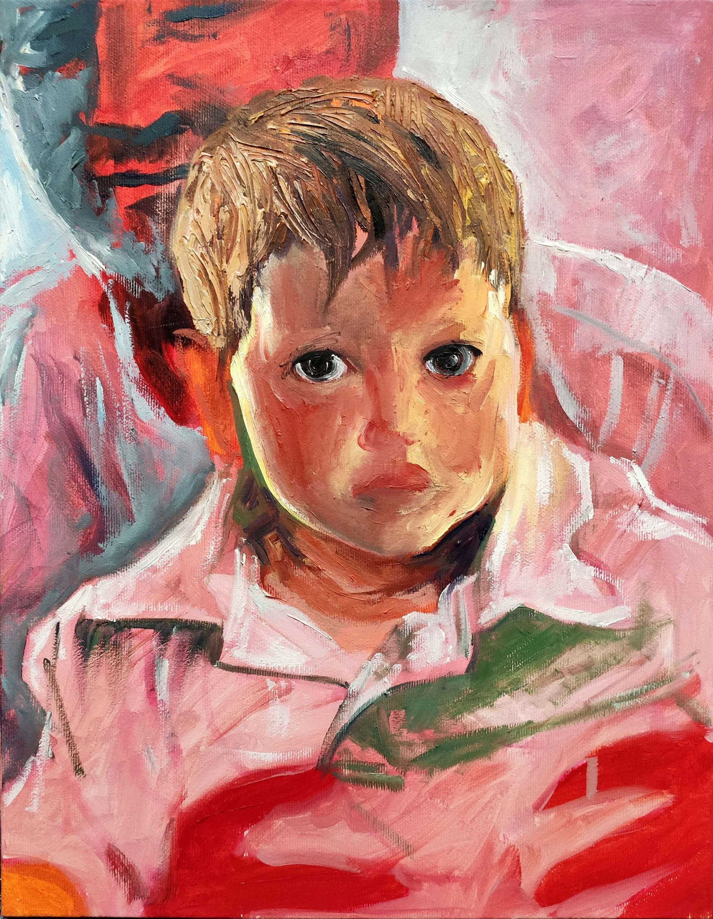 A portrait painting of a young boy with brown hair, large dark eyes, and a serious expression, wearing a pink shirt with a hint of green and red background.