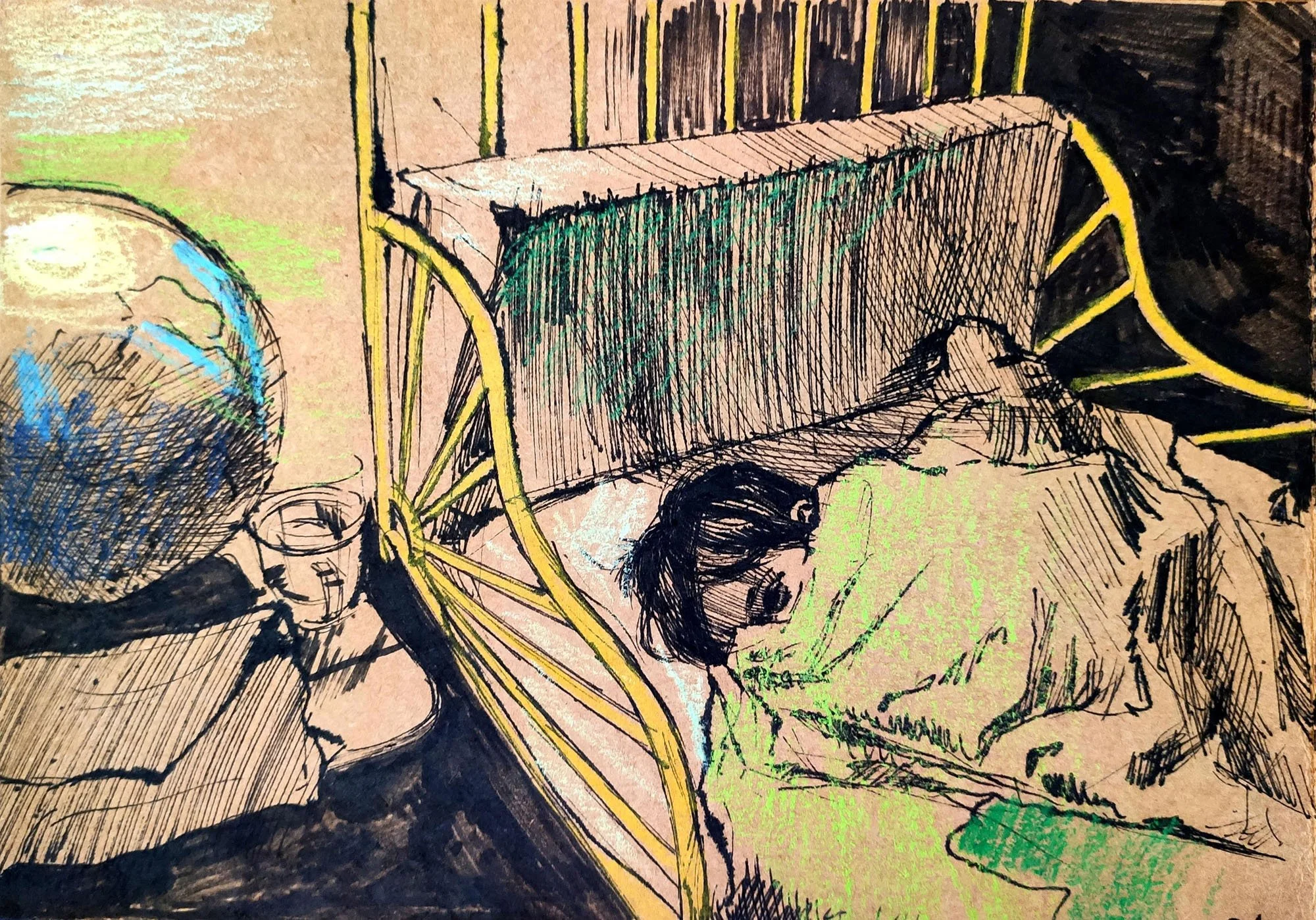 A colorful sketch of a child sleeping in a bed with a green blanket, near a yellow lace rod, next to a glass globe and a glass of water on a wooden surface, all on a pink background.