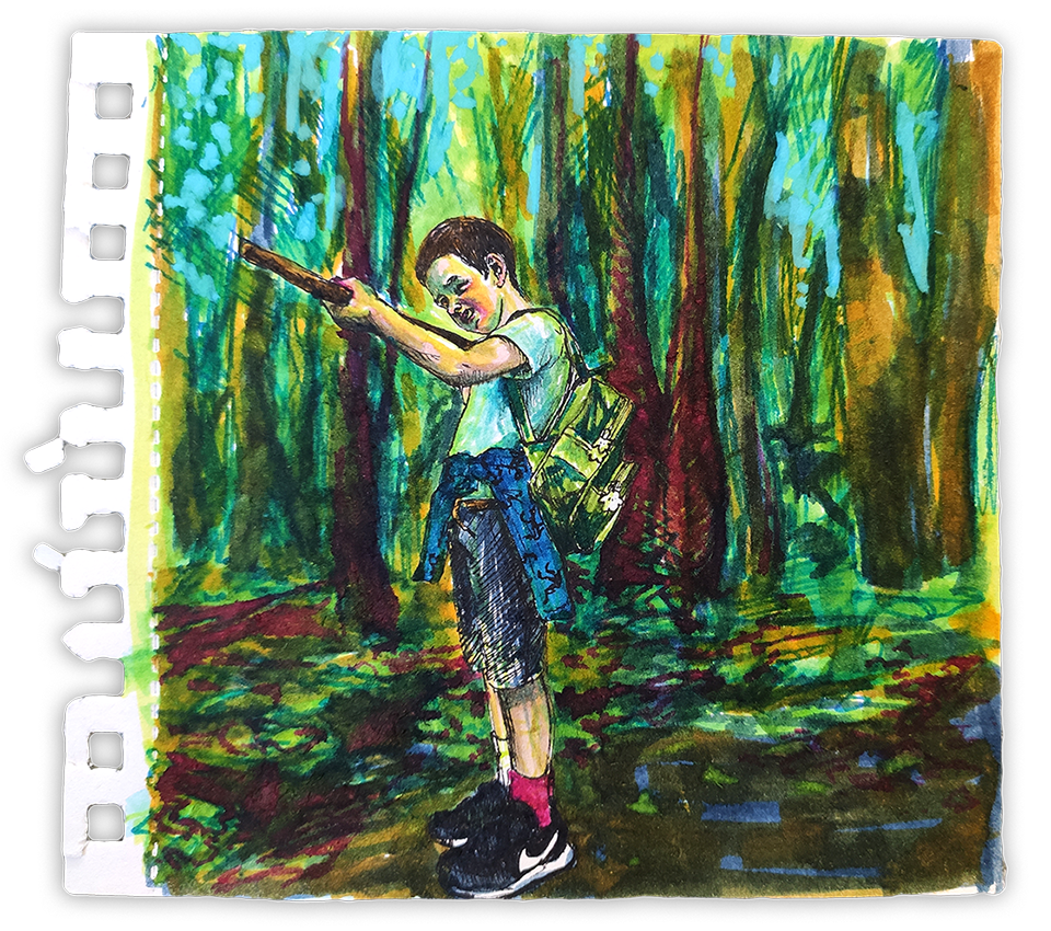 Colorful drawing of a young boy in a forest shooting a toy gun, wearing a white t-shirt, shorts, pink socks, and sneakers, with a backpack.