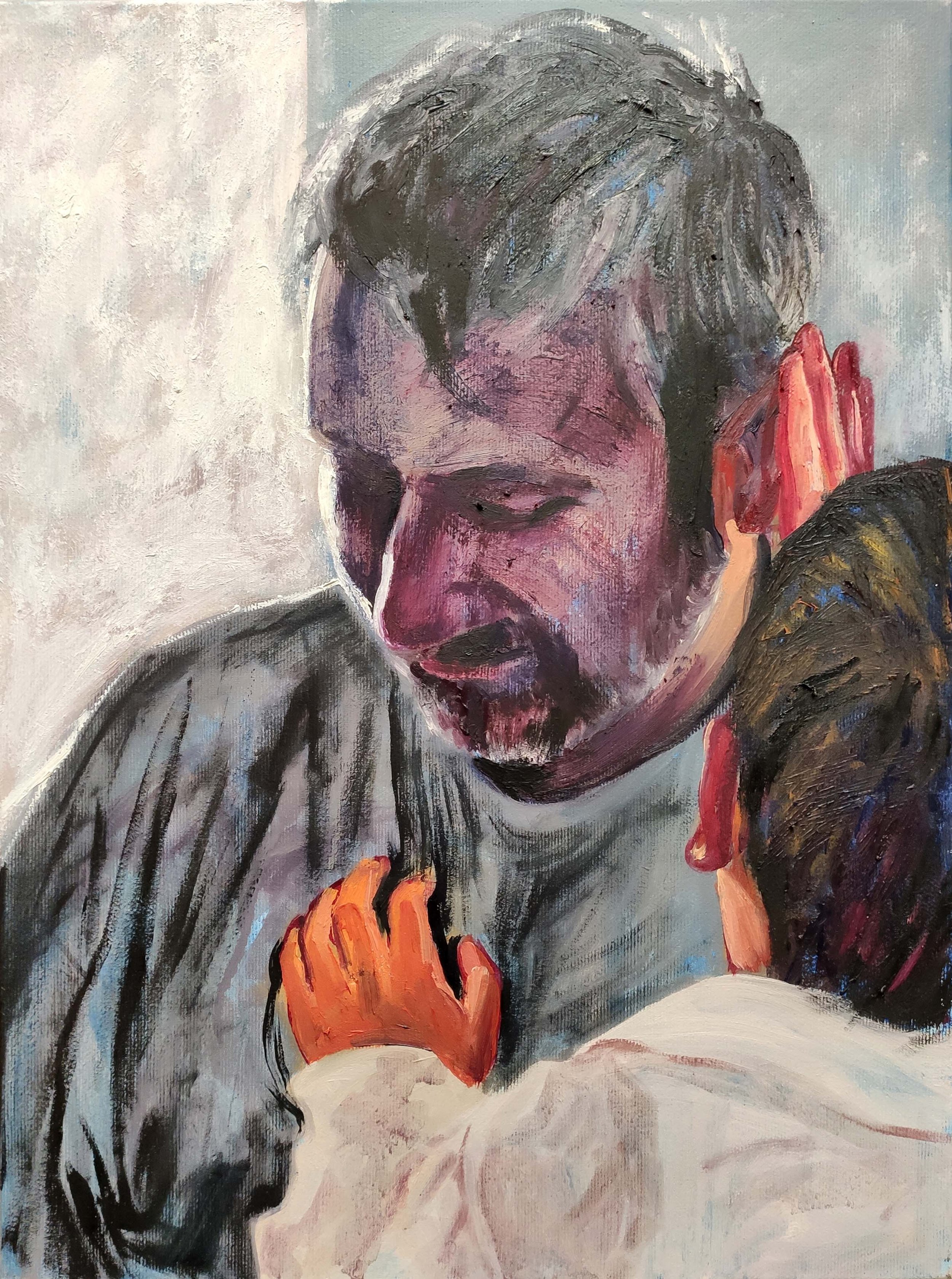 A painting of a man with gray hair, a beard, and mustache, looking down at a woman with long dark hair, holding onto his shoulder, with the woman's face pressed to his chest. The man appears to be emotional.