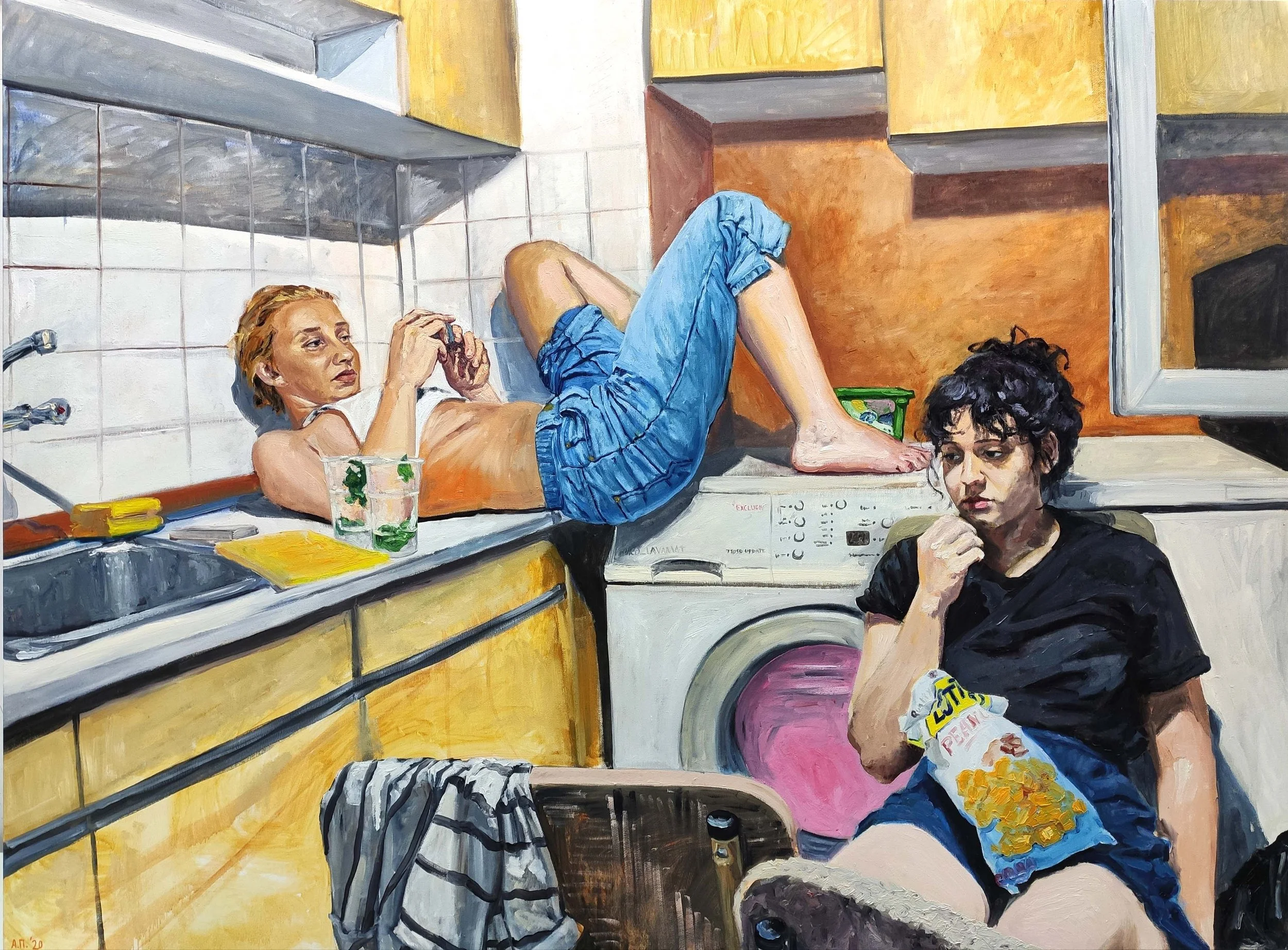 A painting of two women in a cluttered kitchen. One is lying on the counter, taking a selfie, with a glass of water and a yellow sponge nearby. The other woman is sitting with a snack bag, looking contemplative. The kitchen has yellow cabinets, a washing machine, and various utensils.