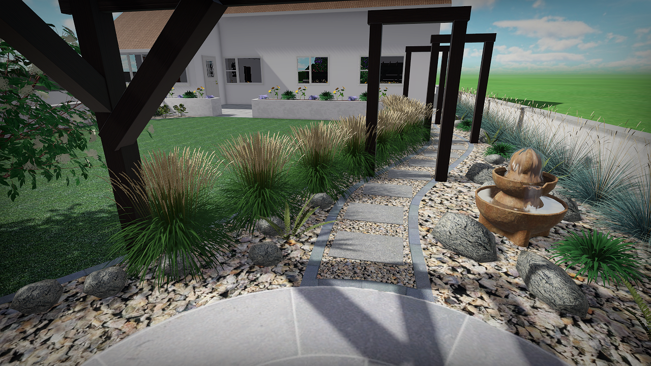 A landscaped backyard with a stone pathway, decorative water fountain, and modern pergola. There is a white house in the background, and a grassy lawn extending into the distance.