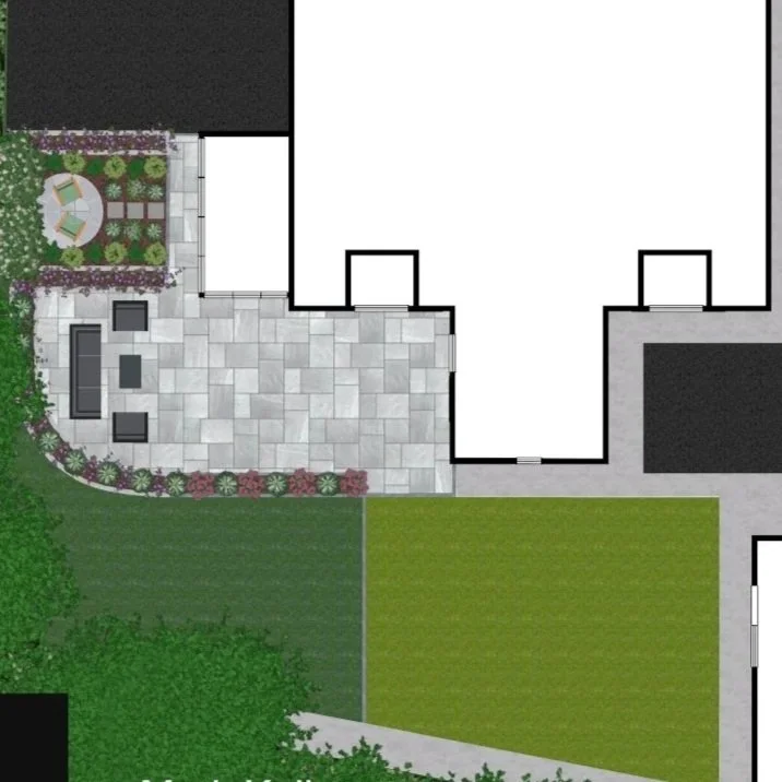 Top-down view of a backyard patio with outdoor seating, a garden with plants and flowers, a lawn area, and pathways surrounding the house.