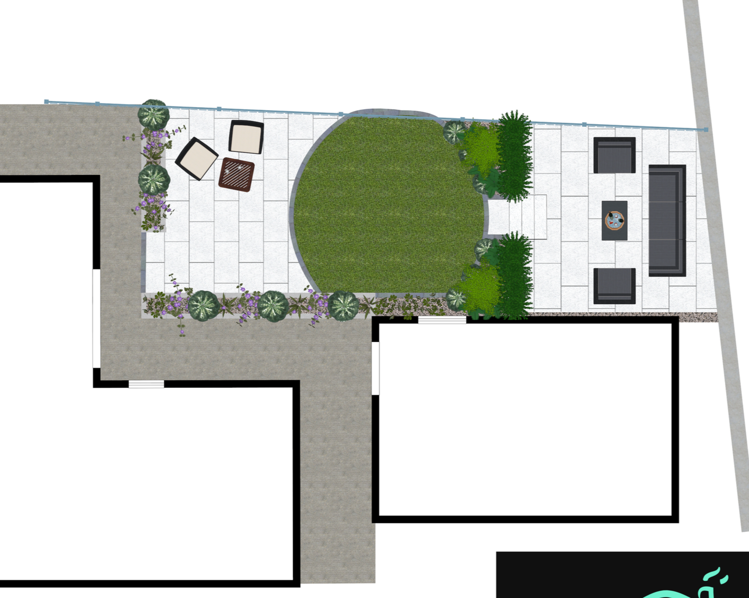 A backyard with a grassy circle, surrounding paved patio, outdoor seating with a fire pit, green bushes, and flowering plants.