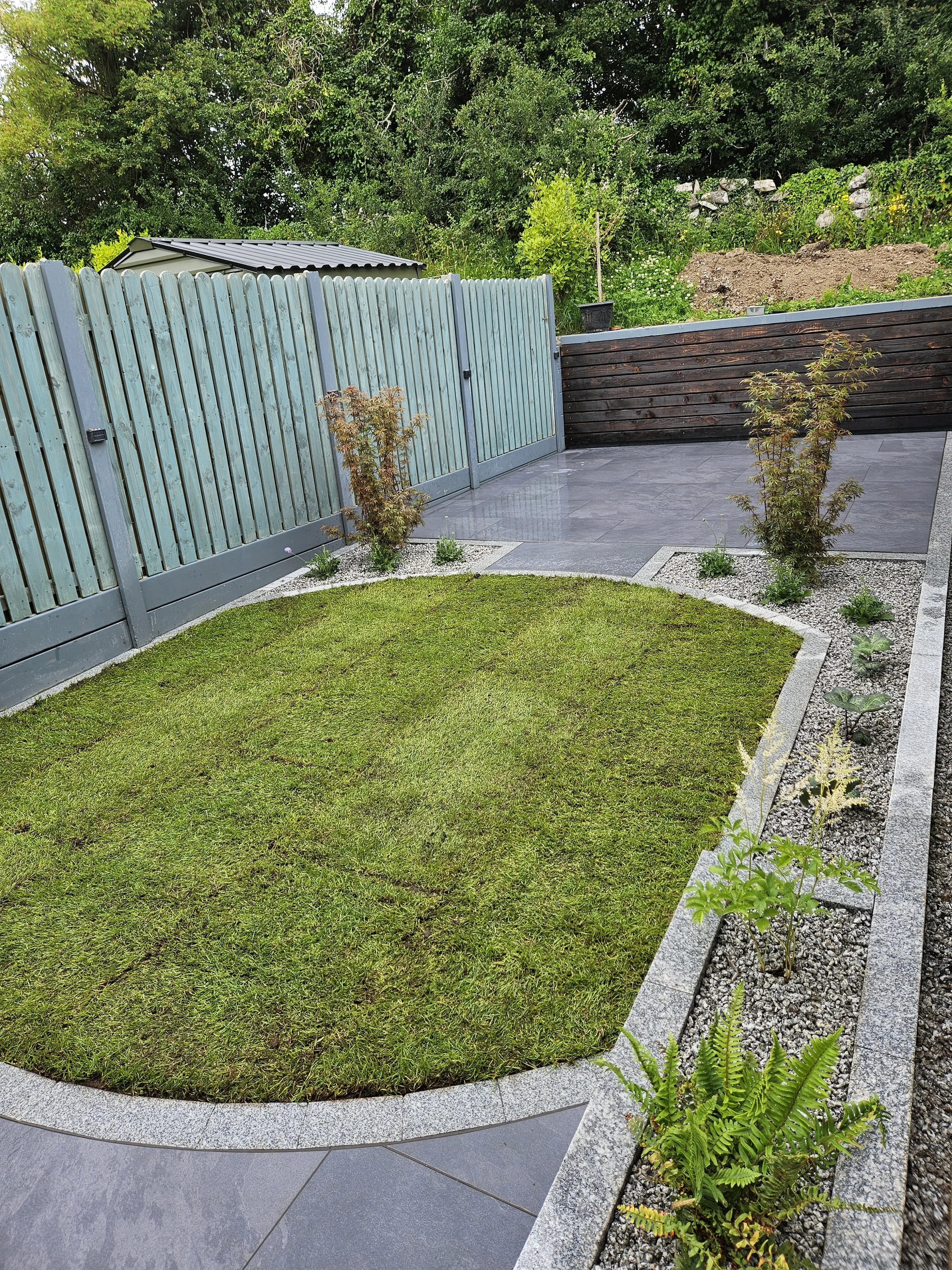 A small, modern backyard with a neatly mowed lawn, bordered by stone edging and a variety of plants, enclosed by a wooden fence. There is a gravel strip along the right side with small plants, and a patterned tile patio area at the back with a bamboo