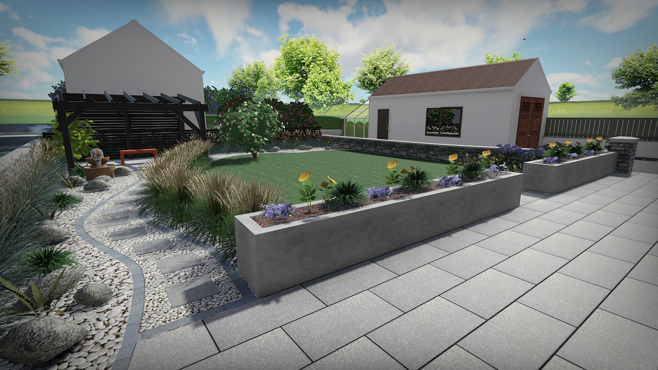 A landscaped backyard with a stone paver patio, a raised garden bed filled with yellow and purple flowers, a grassy area, trees, a small shed with a red roof, a greenhouse, and a seating area with a bench and decorative rocks.