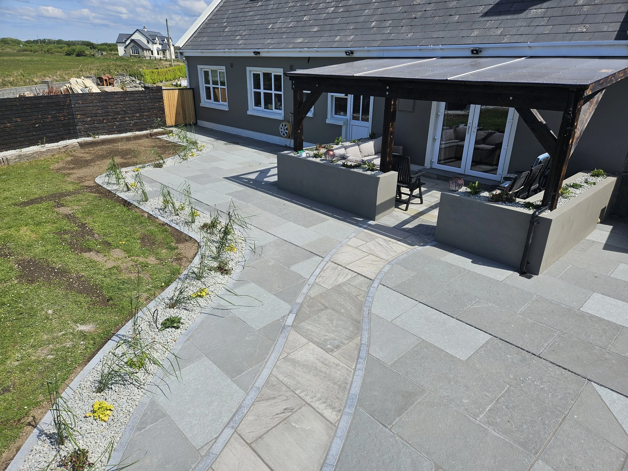 Backyard patio with grey paving stones, a small flower bed with sparse plants, a grey house with white-framed windows, and a covered seating area with a sofa, chairs, and decorative plants.