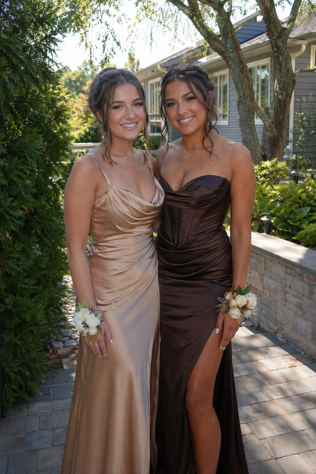 Two young women in elegant evening dresses standing outdoors, smiling at the camera. One is wearing a light beige satin dress with spaghetti straps, and the other is in a dark brown satin dress with a slit. Both have wrist corsages of white roses and