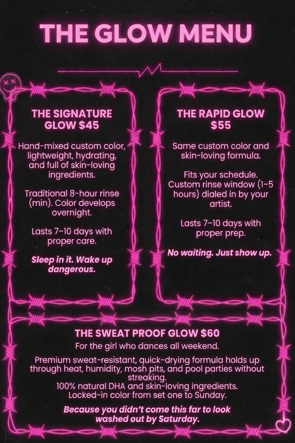 A neon pink-themed menu titled 'The Glow Menu' with three options: 'The Signature Glow' $45, 'The Rapid Glow' $55, and 'The Sweat Proof Glow' $60. Descriptions detail features and benefits of each glow, emphasizing custom colors, skin-loving ingredients, and quick, hassle-free procedures.