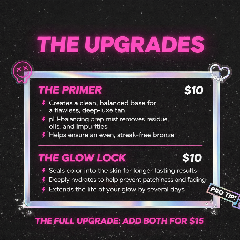 A promotional sign for skincare upgrades featuring two products: The Primer and The Glow Lock, each priced at $10, with a deal to add both for $15. The sign has a dark starry background with neon pink and white text, and decorative elements like a skull icon and a heart-shaped clip.