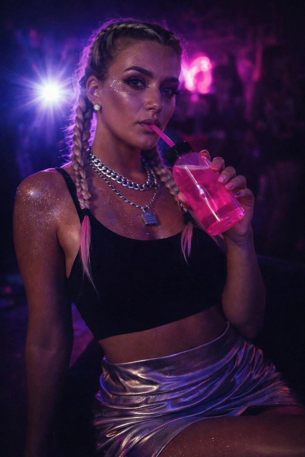 A woman with braided blonde hair and glitter on her shoulder and face, wearing jewelry and a black top, drinking from a pink bottle in a dimly lit, neon-lit setting.