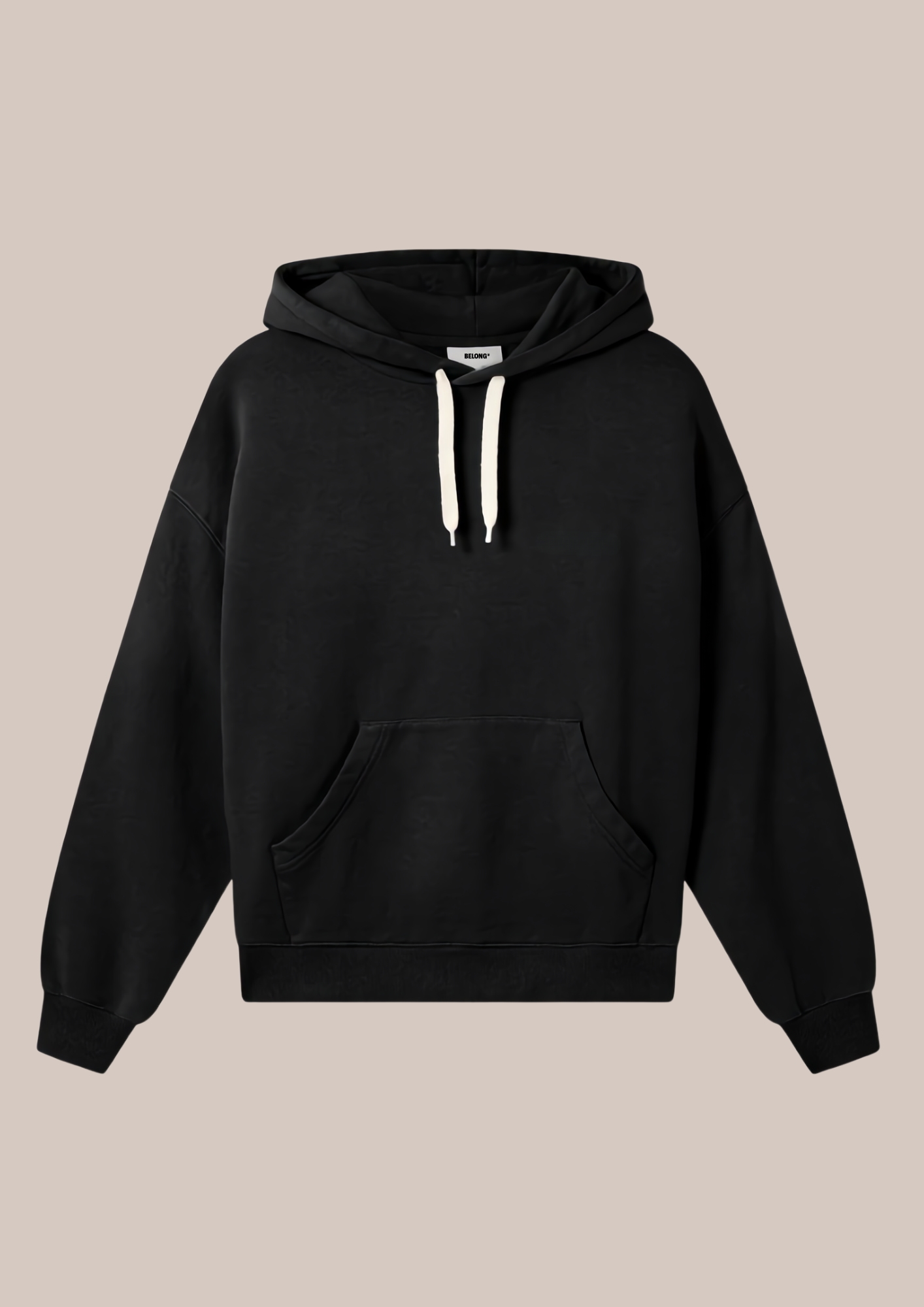Black hoodie with a front pocket, white drawstrings, and a hood, displayed against a beige background.
