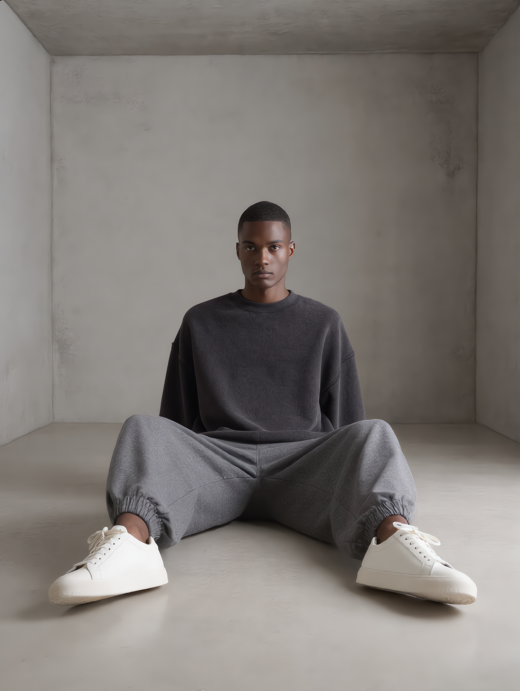 A young man with dark skin and a short haircut sitting on the floor with legs spread apart in a minimalistic, grey, concrete room, wearing a dark grey oversized sweatshirt, grey sweatpants, and white sneakers.