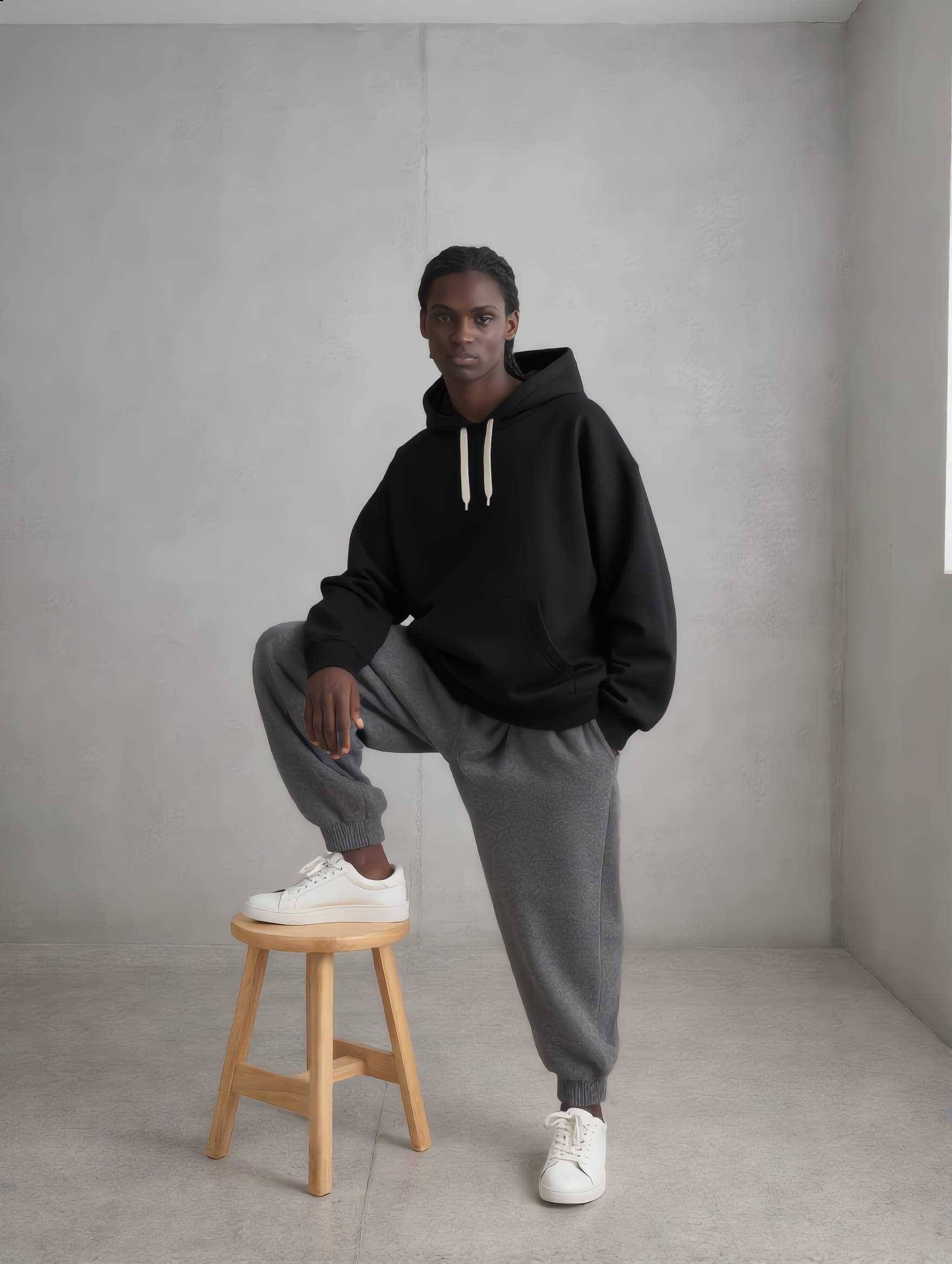 A person wearing a black hoodie, gray sweatpants, and white sneakers, standing with one foot on a wooden stool in a minimalistic room with gray walls.