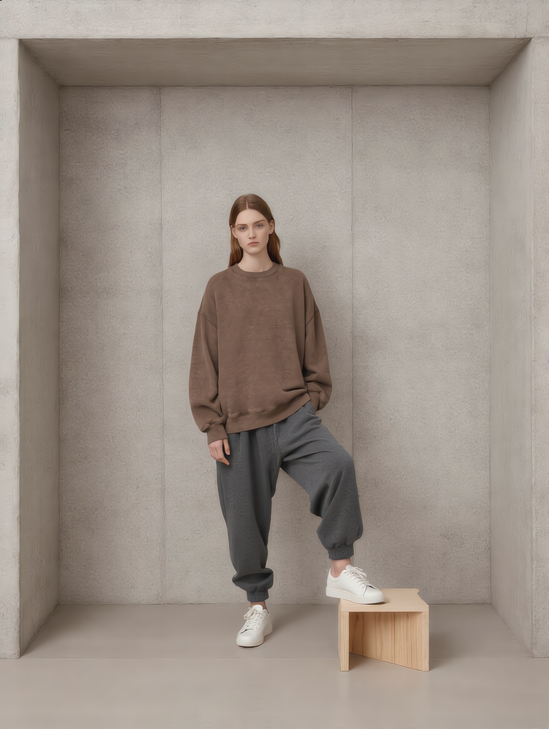 Young woman with long brown hair standing in a minimalist gray room with textured walls, wearing a oversized brown sweatshirt, dark gray sweatpants, and white sneakers, with one foot on a small wooden block.
