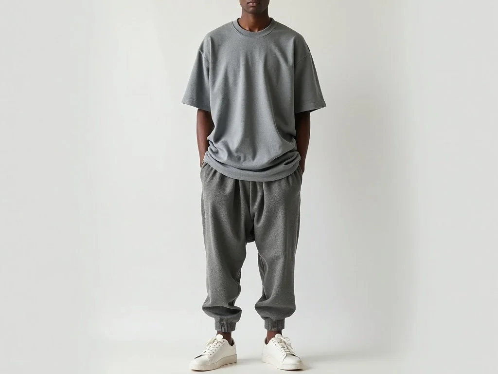 Person wearing a loose gray T-shirt, gray sweatpants, and white sneakers, standing against a plain light-colored background.