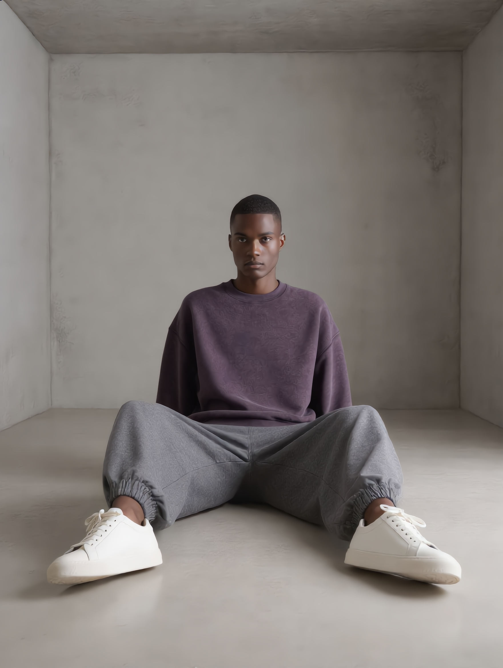 A young man sitting cross-legged on a plain floor in a minimalist, neutral-colored room with concrete walls.