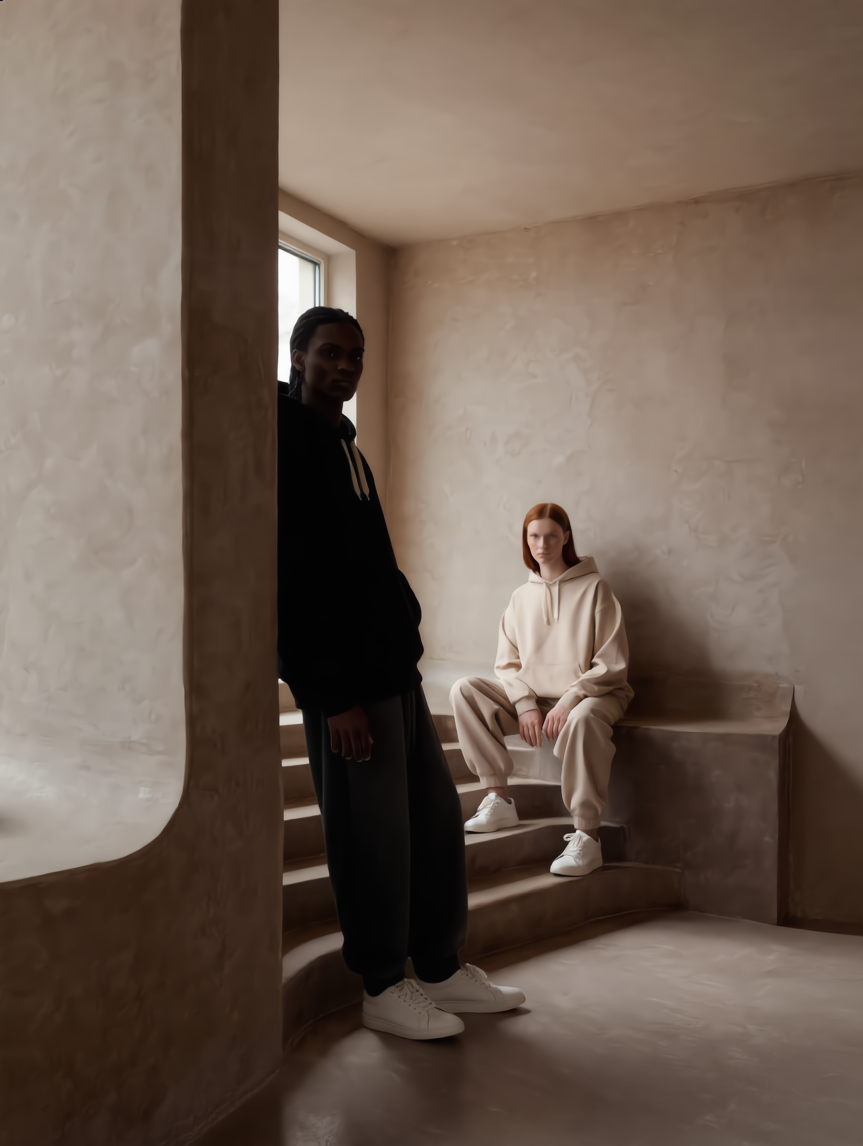 A man in a dark hoodie and woman in a cream hoodie sitting on a bench in a minimalist, beige room with natural light coming through a window.
