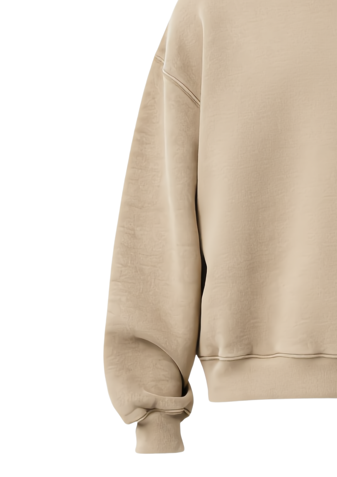 A beige hoodie with a front pocket and ribbed cuffs and hem.