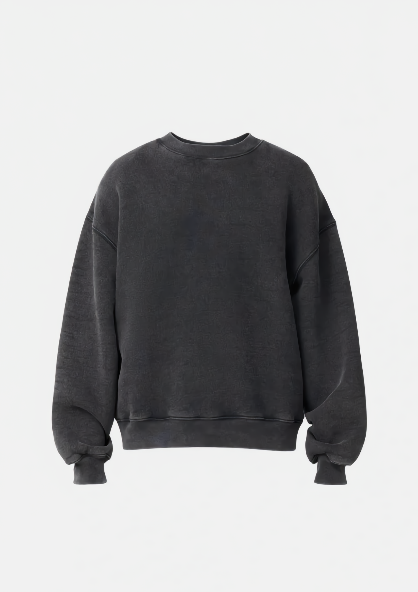 Black crewneck sweatshirt with a distressed, faded look, long sleeves, and ribbed cuffs and hem, displayed against a white background.