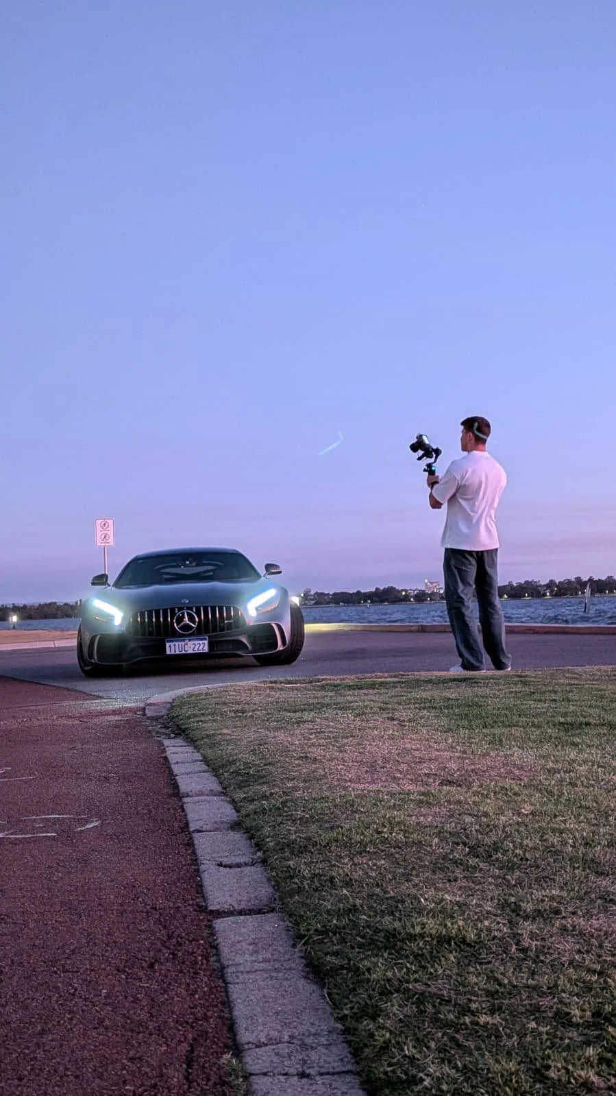 Perth automotive content creator filming a Mercedes-AMG performance car. Bergh media studio location shoot in Western Australia for luxury car brands.