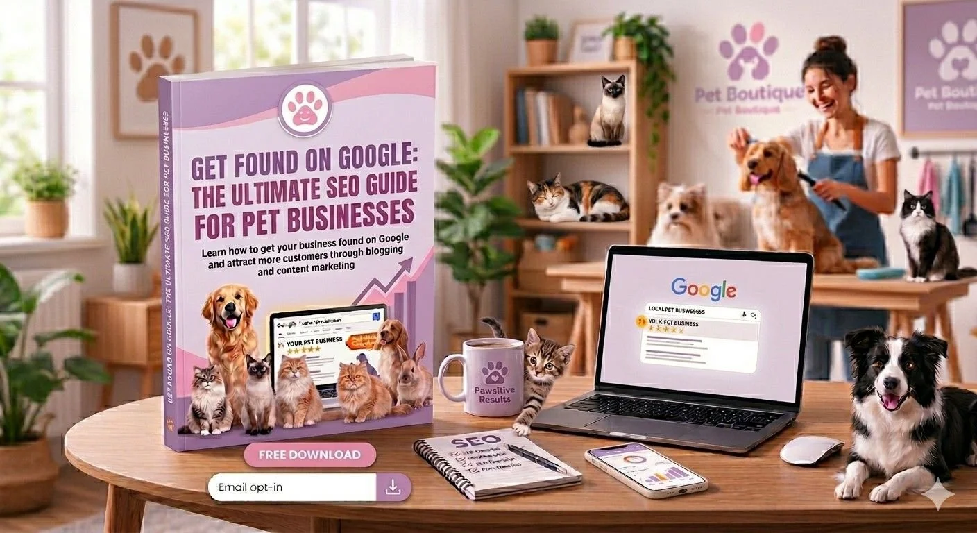 A pet business marketing guidebook titled 'Get Found on Google: The Ultimate SEO Guide for Pet Businesses' on a wooden table, accompanied by a laptop, a smartphone, a notebook, a mug, and several pet cats and dogs in a bright room with a woman and a shelf with more pets.