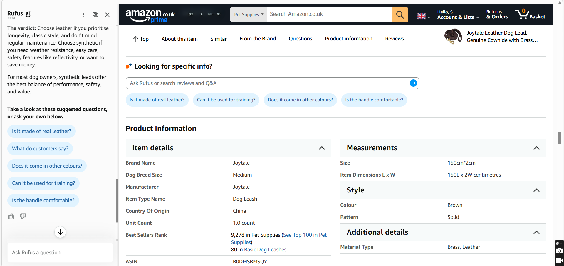 Amazon Rufus Q&A Section