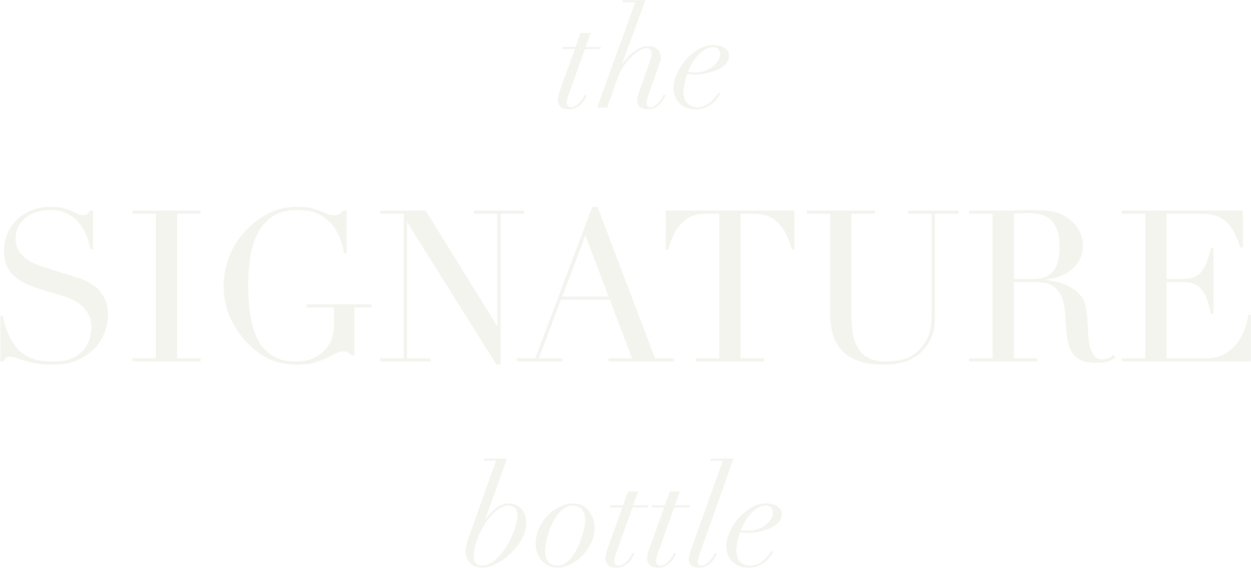 Text reading 'the SIGNATURE bottle' on a black background with contrasting white and grey fonts.
