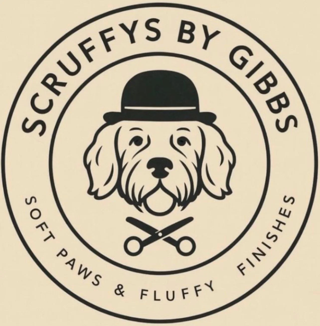 Logo with a dog wearing a bowler hat, with scissors below the dog's face, and text around it that reads "Scruffy Fys by Gibb's, Soft Paws & Fluffy Finsishes."