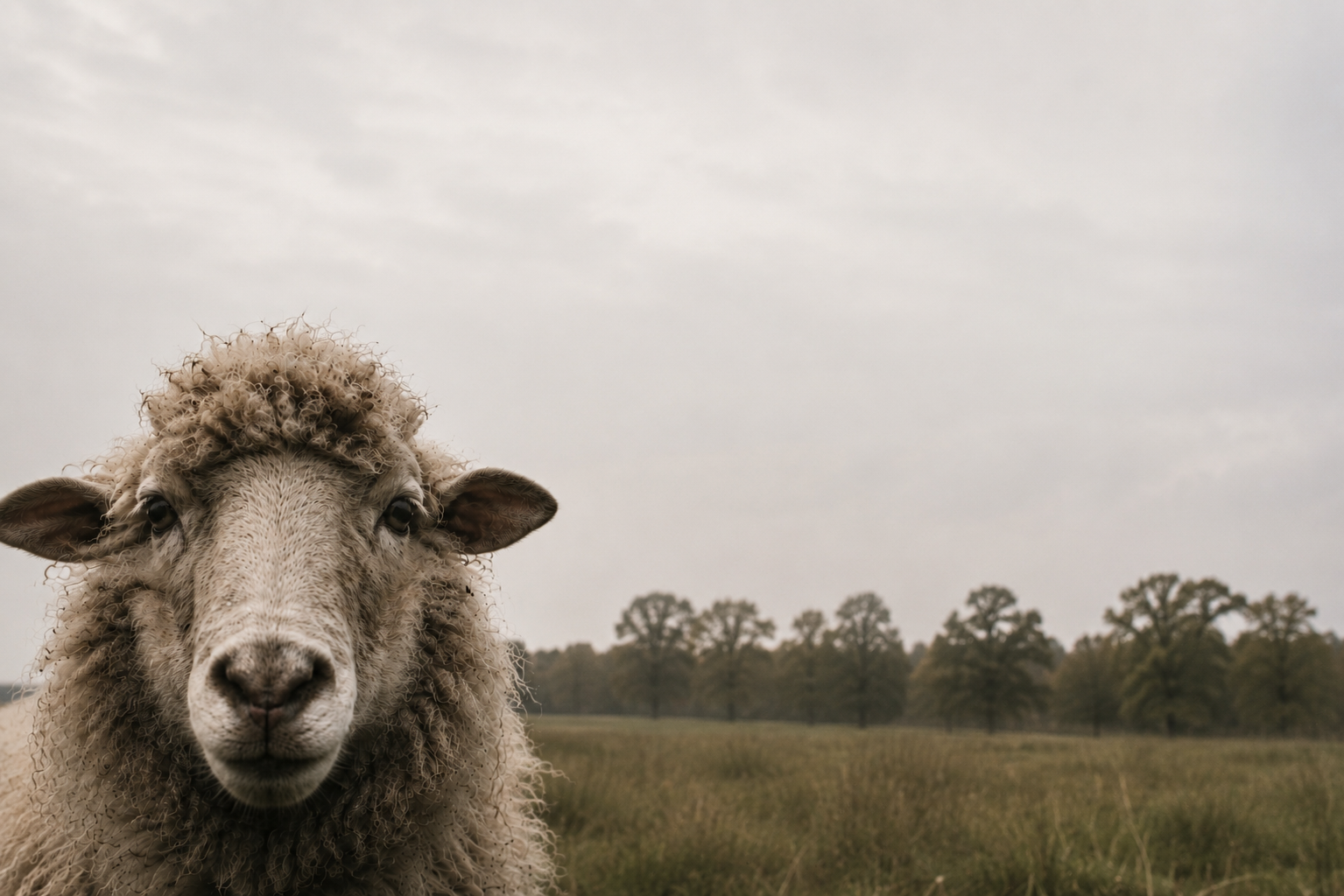 Close-up of a sheep with curly wool standing in a grassy field with trees in the background under cloudy sky.