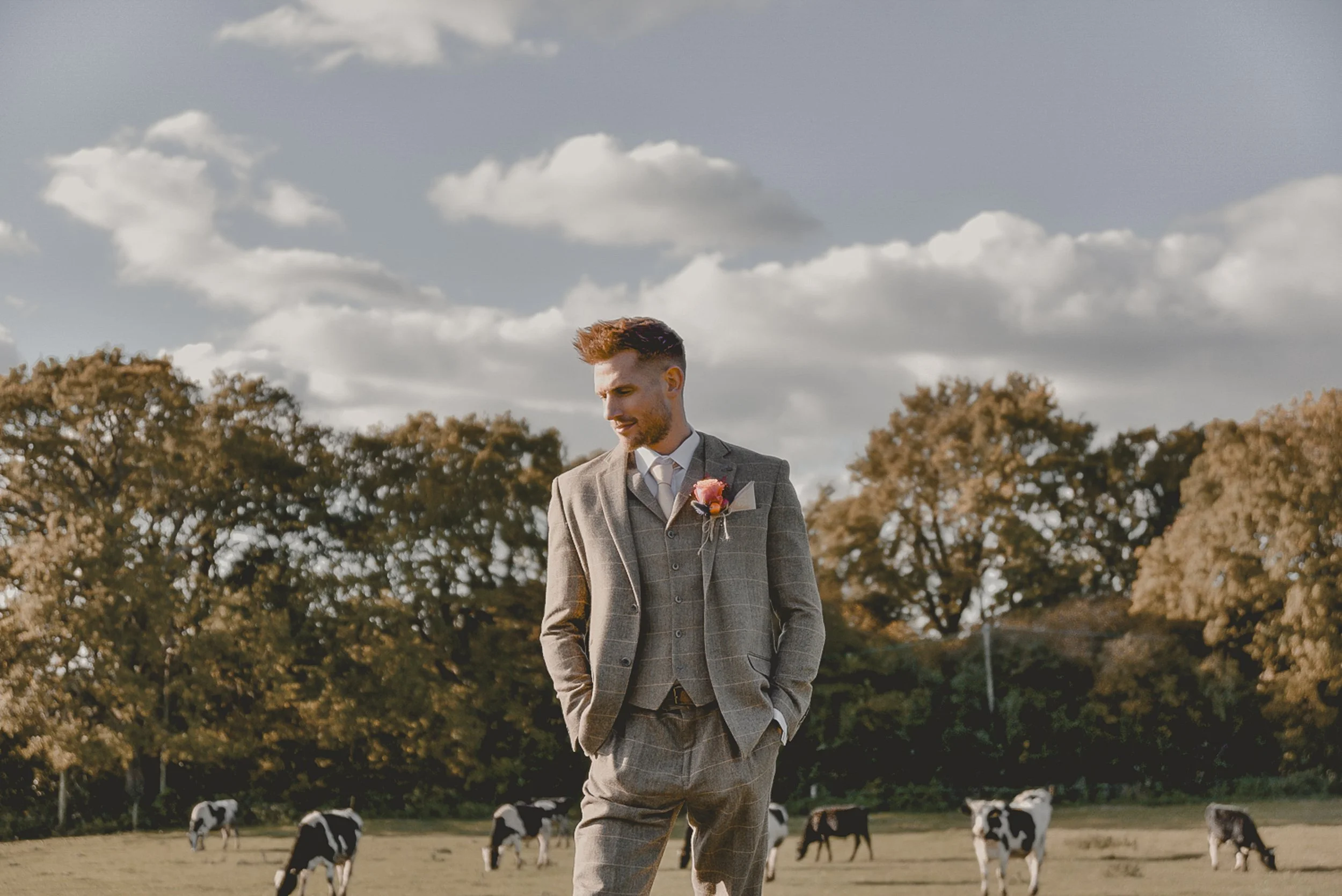 A man in a gray plaid suit stands outdoors in a field with cows grazing, trees in the background, and a cloudy sky overhead.