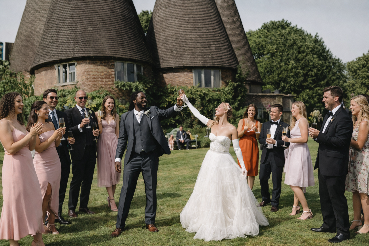 Bride and groom celebrate wedding in garden with friends, holding a toast, in front of a unique round house.