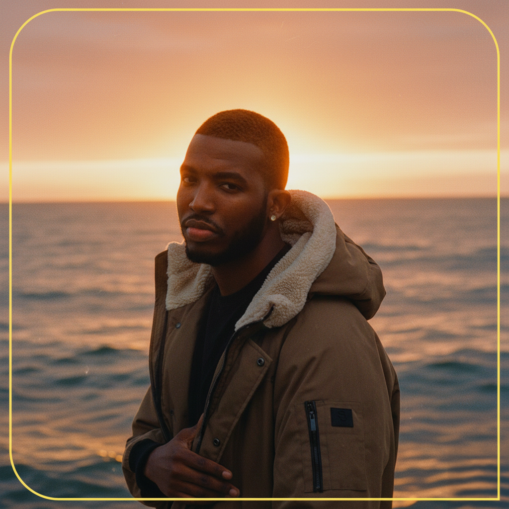 A man with a beard and earrings posing at sunset over the ocean, wearing a brown jacket with a sherpa-lined hood.