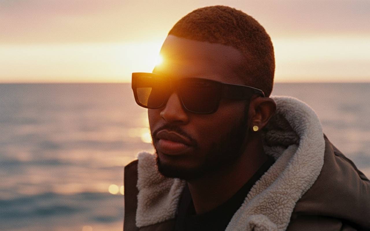 A young man wearing sunglasses and a hoodie with a fleece lining, standing near water during sunset.