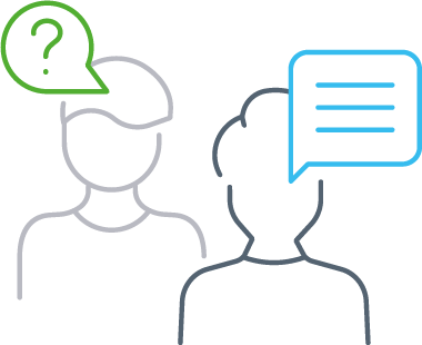 Zwei schematische Figuren im Gespräch, eine mit einer Sprechblase mit Fragezeichen, die andere mit einer Sprechblase. Symbolisiert ein Gespräch oder eine Diskussion.