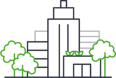 Skizze eines Hochhauses mit Bäumen im Vordergrund