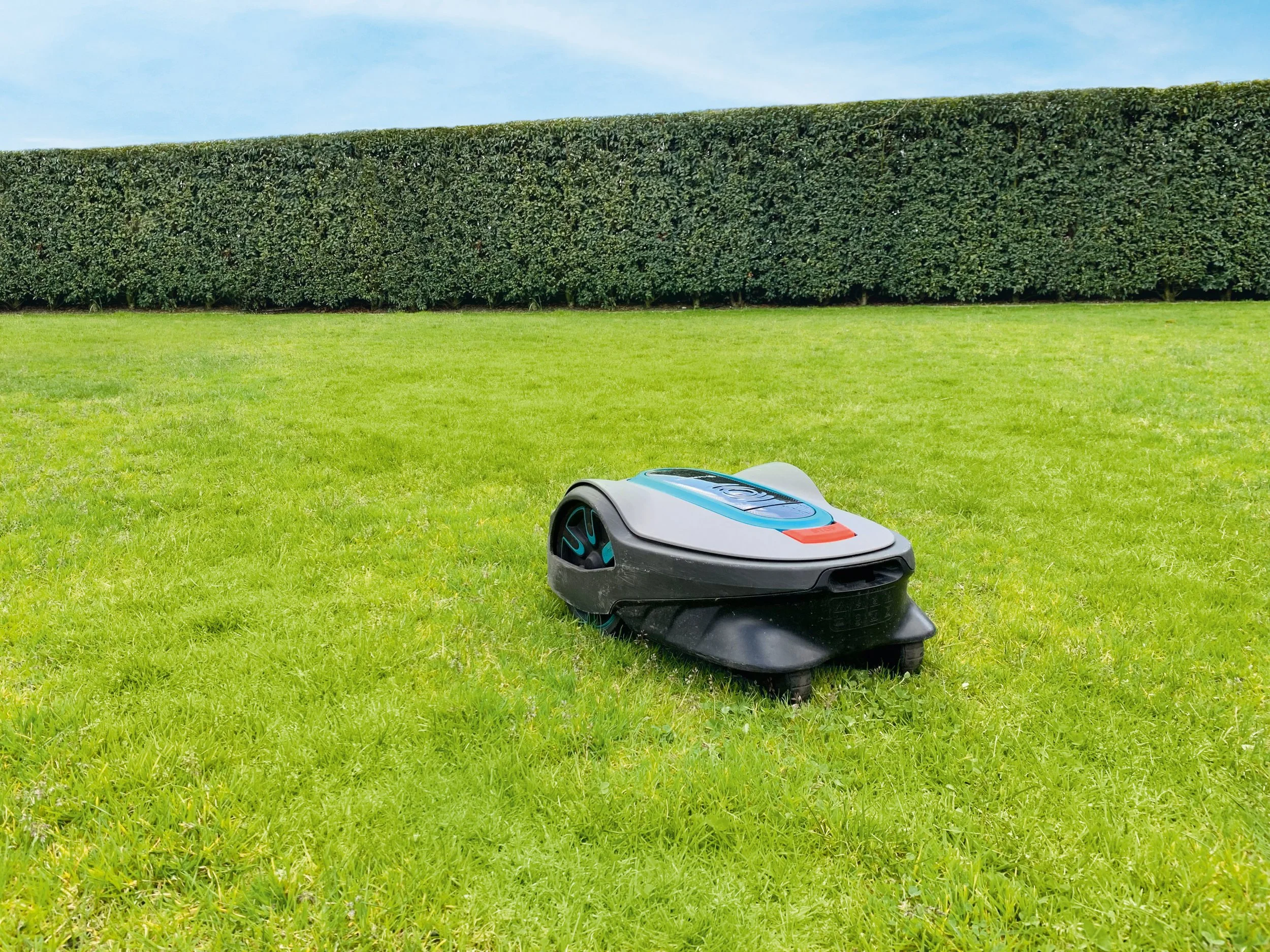 Ein autonomer Rasenmäherroboter auf einem grünen Rasen mit Hecke im Hintergrund.