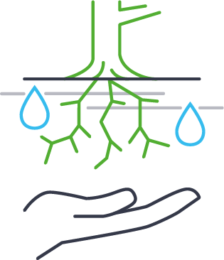 Grafische Darstellung eines Baumes, der Wasser braucht, mit einer Hand darunter, die Wasser gibt.