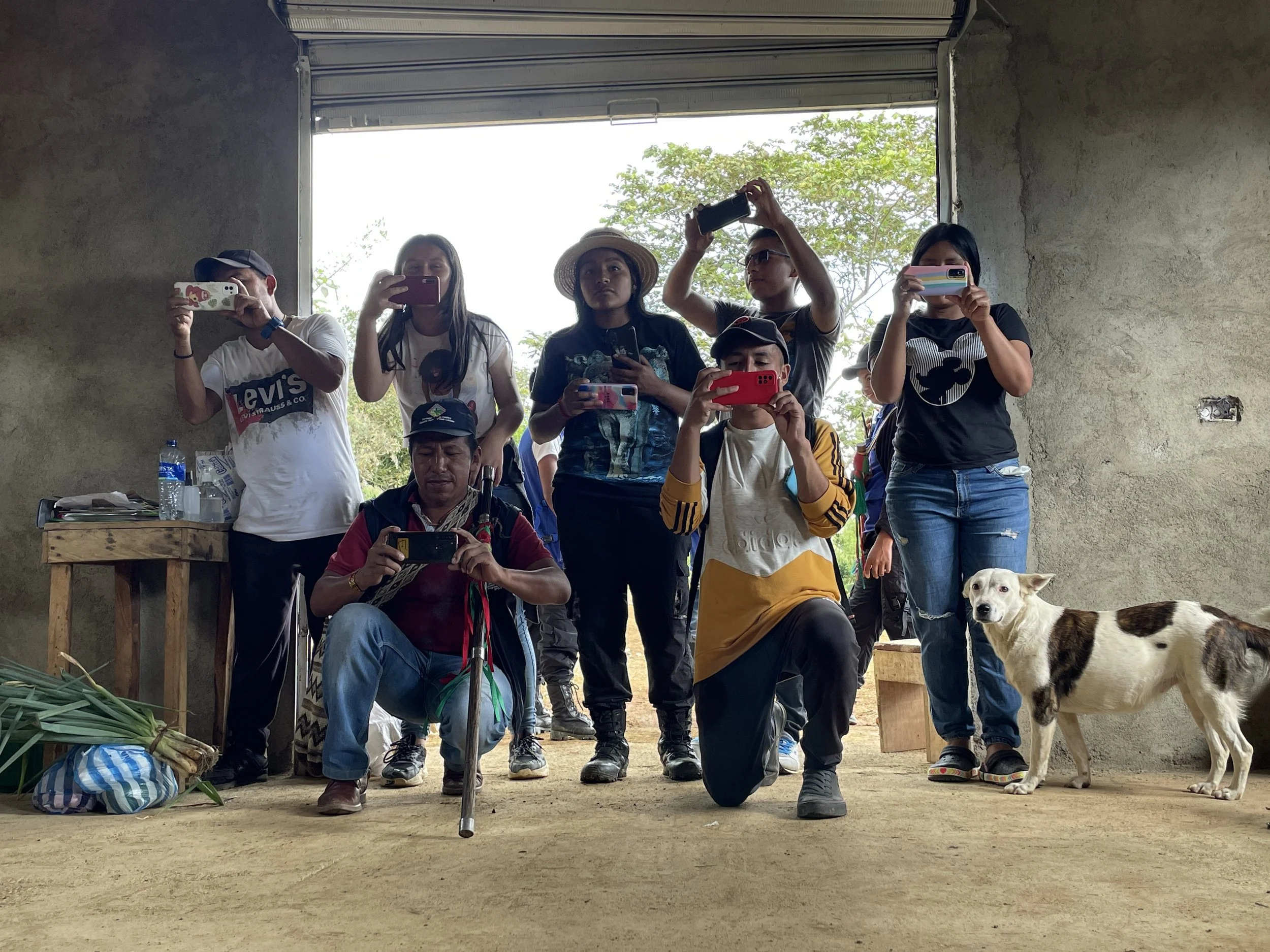 Group of people taking photos inside a room with an open doorway, with a white and brown dog standing on the ground near the right edge of the image.