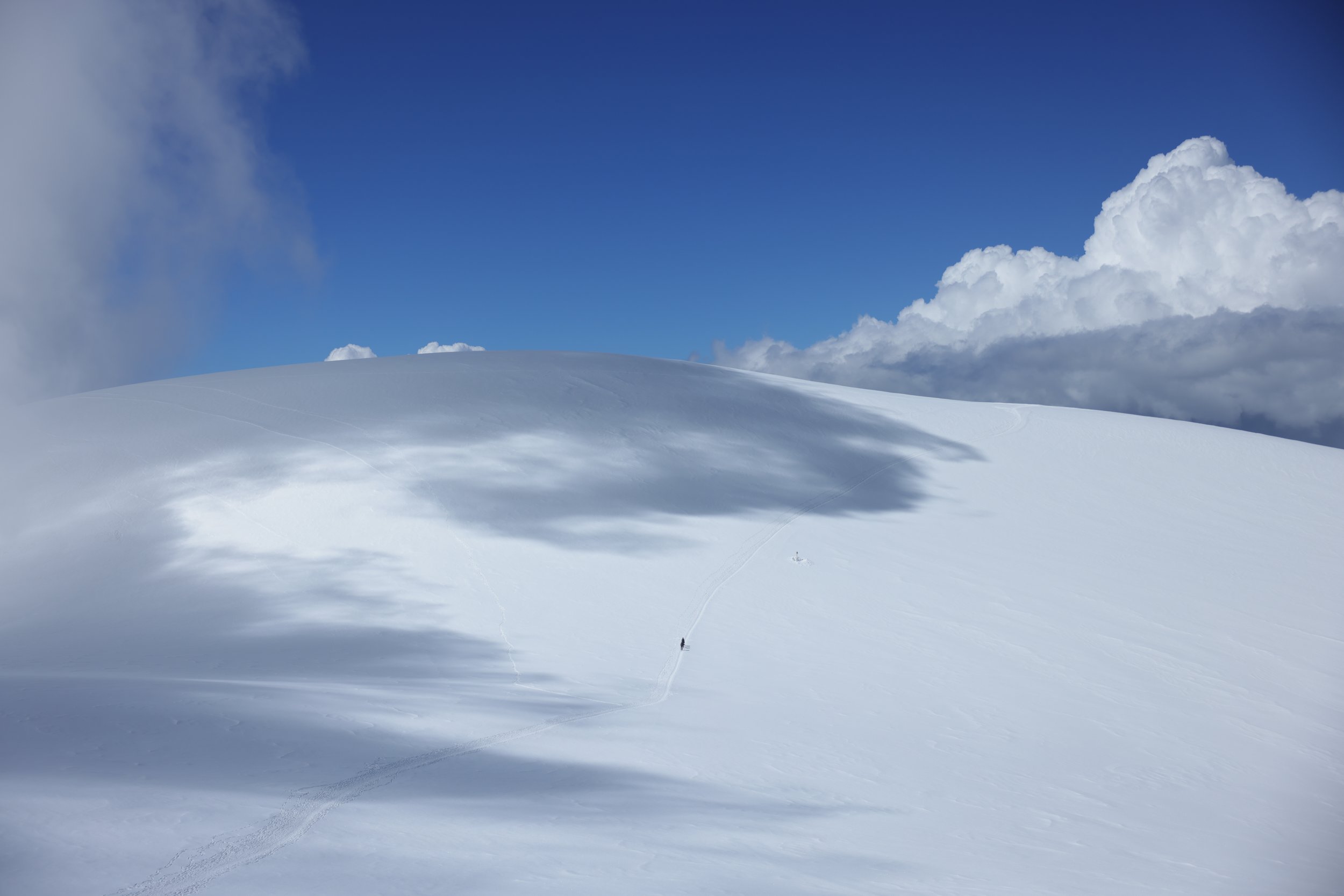 A snow-covered mountain landscape with a few small trees and tracks in the snow, under a partly cloudy sky.