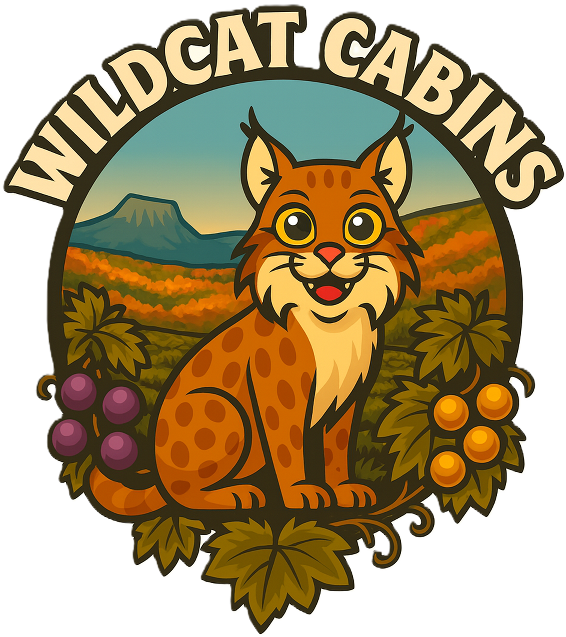 A cartoon illustration of a wildcat from Wildcat Cables, with mountains, trees, and berries in the background, and the text 'WILD CAT CABLES' at the top.