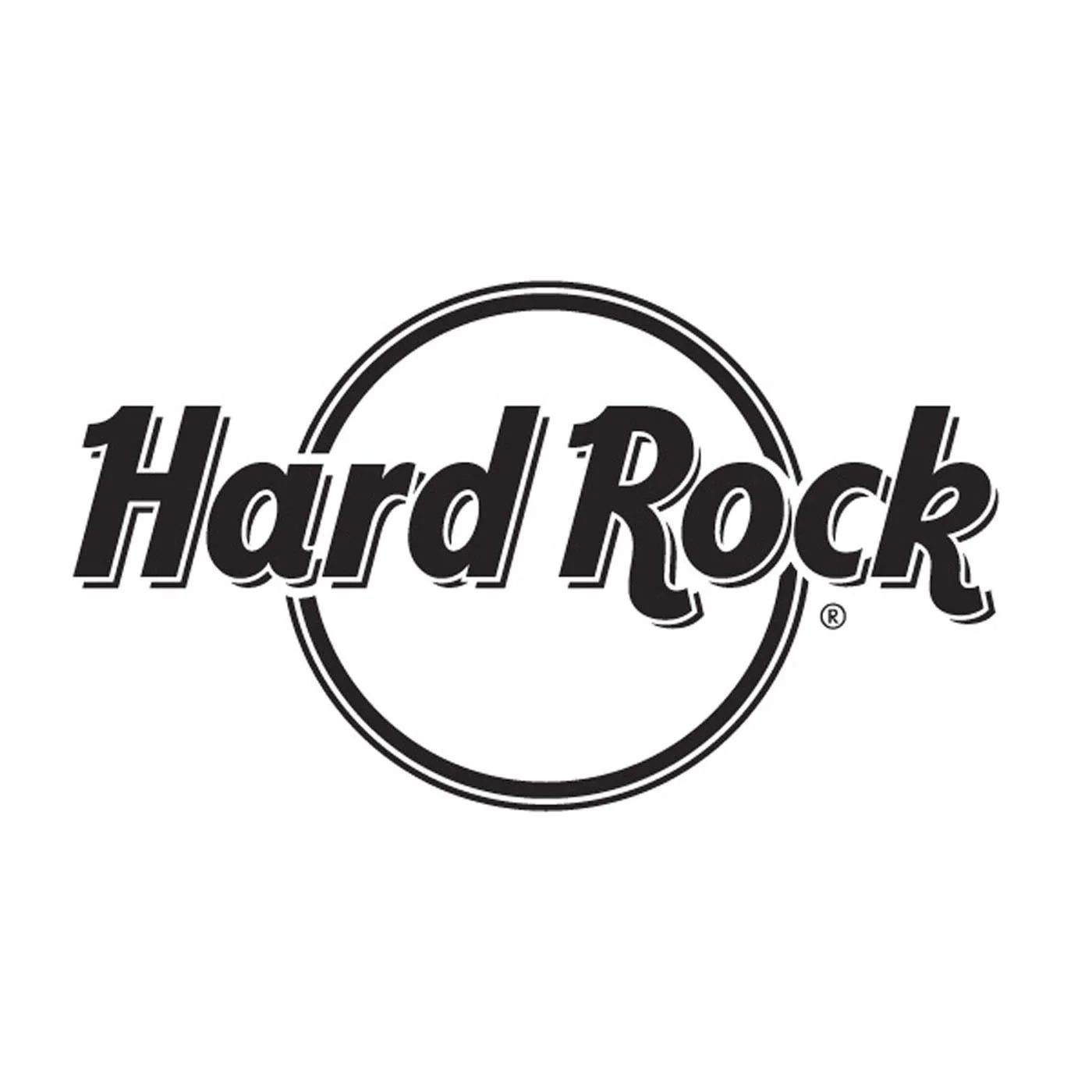 Black and white logo of the Hard Rock brand with stylized text inside a circular border.