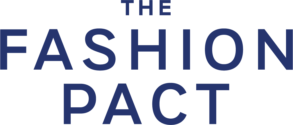 Text logo reading 'The Fashion Pact' in dark blue on a black background.
