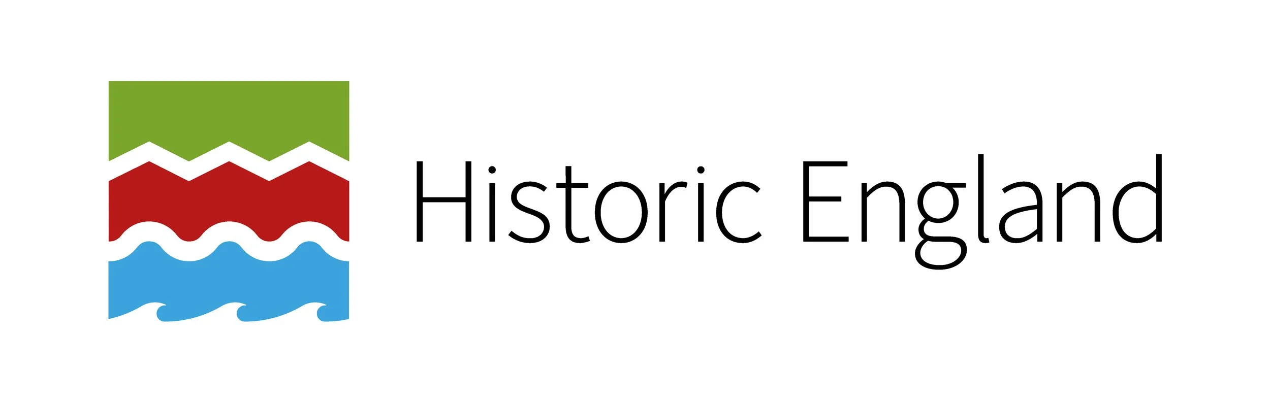 Logo for Historic England with three layered horizontal wave-like patterns in green, red, and blue, and the text 'Historic England' to the right.